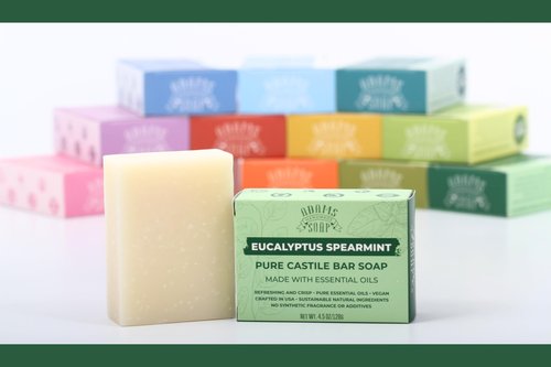 Adams Handmade Soap Eucalyptus Spearmint Pure Castile Bar Soap – 4.5 oz | Vegan, Cold Process, Essential Oils, 84% Organic, Fair Trade, No Additives, USA Made