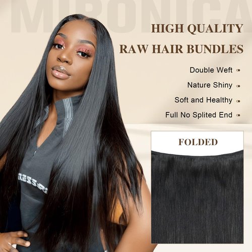 MIRONICA Straight Human Hair Bundles 22 Inch 12A Brazilian 1 Bundles Human Hair 100% Unprocessed Virgin Hair Double Machin Weft for Black Women Natural Black Color Hair Extensions