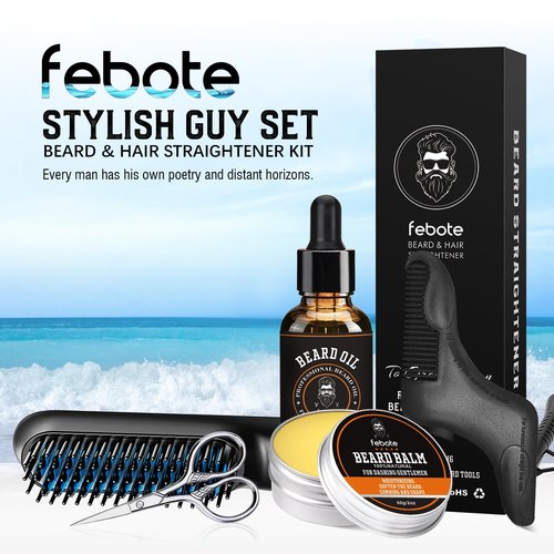 FEBOTE Beard Straightener Kit for Man- Heated Grooming Beard Brush, Beard Balm,Comb,Beard Growth Oil, Value Gift Set for Fathers Day,No-Scald,for Soft,Thick,Curly Beard,Prevent Damage