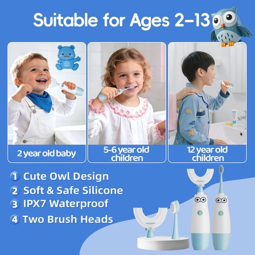 Hikid Kids Electric Toothbrush，360-Degree Sonic Vibration, IPX7 Waterproof,Toddler U Shaped Toothbrush with 2 Soft Brush Head,Cute Owl Design Baby Toothbrush for Ages 8–13（Blue）