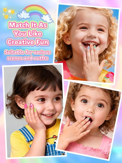 78 Pcs Press on Nails for Kids, Kalolary Fake Nail for Girls Set with Jelly Nail Adhesives & Nail Builder Glue, Full Cover Short Acrylic Nails for Girls Gifts