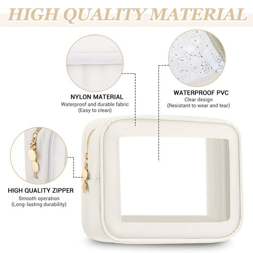 Abbylike 3 Pcs Clear Makeup Bags Car Cosmetic Bag with Zipper Nylon PVC Travel Toiletry Pouches Gifts for Women, Bridesmaid, Mom, Wedding Birthday Party Supplies(Cream White)