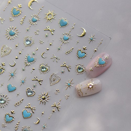 Heart Nail Sticker Decals Star Moon Nail Art Stickers with Diamond Design Red Blue Nails Decals 5D Embossed Self Adhesive Love Nail Charms for Women Girls Kid Manicure Supply Decoration Accessories