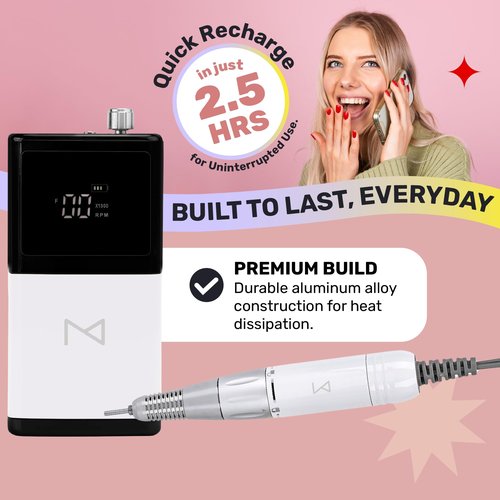M - E-ZDrill Rechargeable Electric Nail Drill, 35k RPM, Smart Speed & Battery LCD, Portable Lightweight, Forward/Reverse, Aluminum Metal, Acetone Resistant Nail Drill (White)