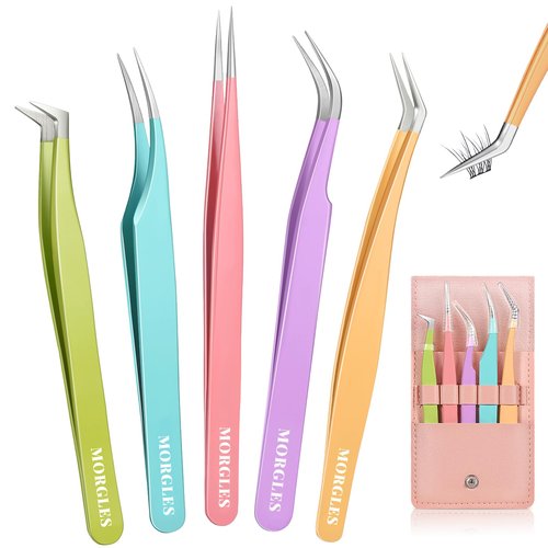 MORGLES High Precision Lash Tweezers Set for Eyelash Extensions, 5 in 1 Eyelash Extension Tweezers for Girls, Women, Professional Lash Extension Artists & Beginners