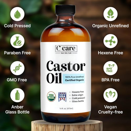 Castor Oil 100% Pure Organic - Cold Pressed Unrefined Glass Bottle | USDA Certified | 16oz for Hair Growth & Skin