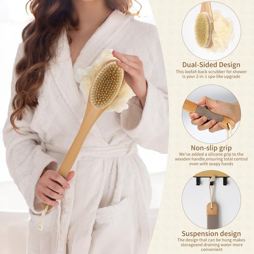 DEBETOOL Shower Loofah with Handle - Wooden Long Handle Shower Body Brush with Loofah for Exfoliating, Natural Loofah Back Scrubber for Women and Men