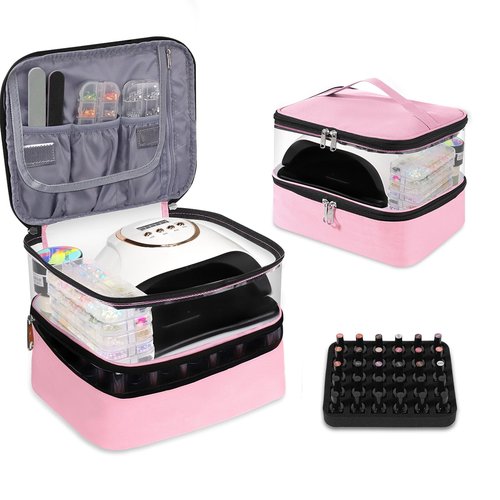 Clear Nail Polish Organizer Double layer Nail Polish Holds 30 Bottles and Nail Lamp, Nail Dryer Case Storage Supplies with Adjustable Dividers, Portable Nail Carrying Bag for Nail Tech (Pink)