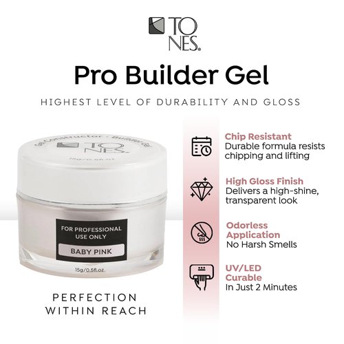 TONES Premium Self Leveling Nail Builder and Extension Gel for Professional Design - Salon-Quality LED and UV Building Gel - (0.5 Fl Oz, Baby Pink)