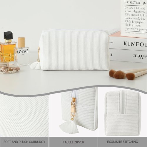 DYSHAYEN Makeup Bag Travel Cosmetic Bag Organizer Tassel Large Corduroy Zipper Pouch, Bridesmaid Gift for Wedding Party (White)
