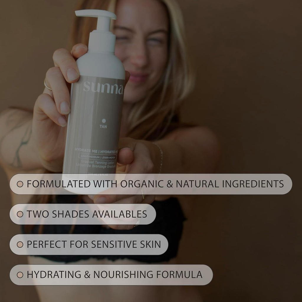 SunnaTan Gradual Self Tanning Lotion - Hydrating Formula with Hyaluronic Acid & Jojoba - Natural Ingredients for a Beautiful Tan (Medium/Dark, 236 ml)