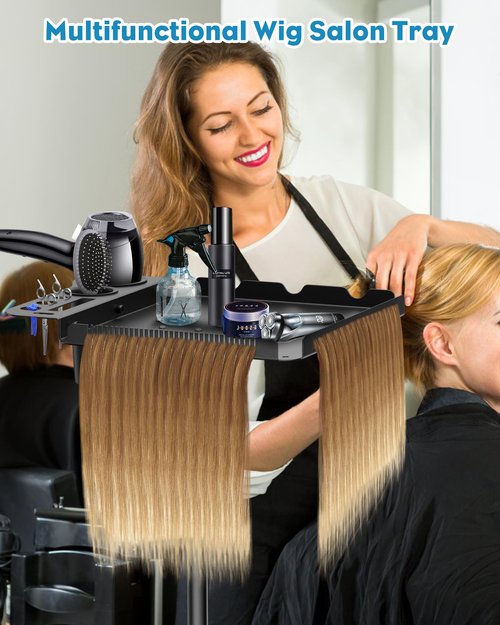 Salon Tray on Wheels,Metal Tray Rolling Cart with 2 Magnetic Bowls,Tattoo Tray, Salon Station with Hairstylist Holder and Hair Separator Stand,Multi-Function Adjustable with Wheels
