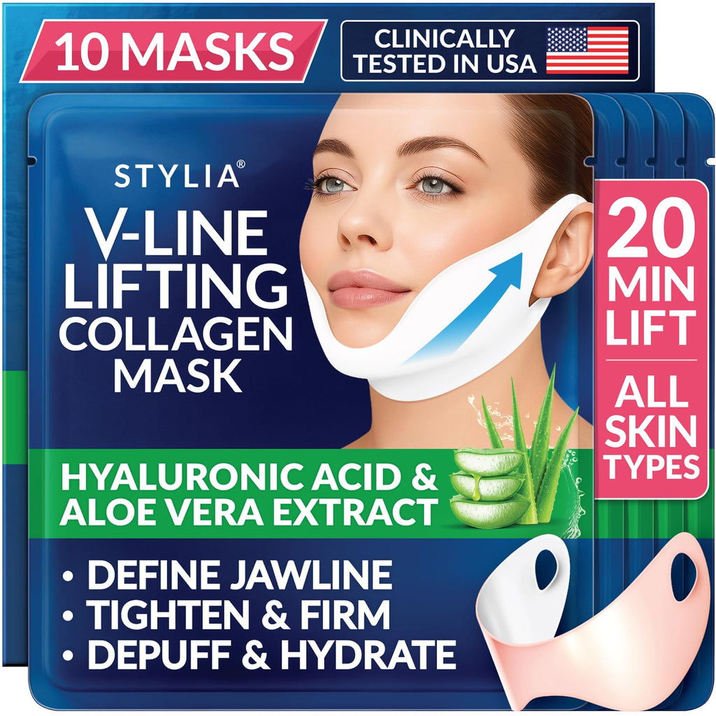 Stylia V Line Lifting Collagen Mask - Firm & Contour Jawline with Hyaluronic Acid - 10PC Neck Tightening Mask