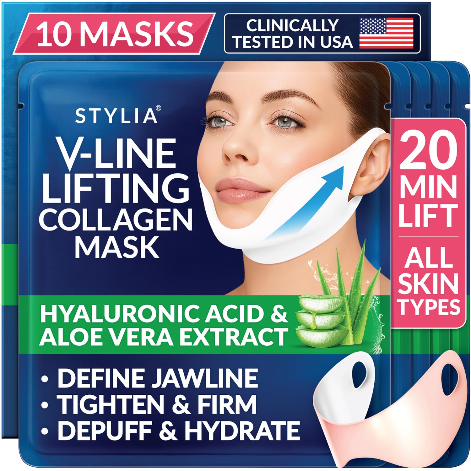 Stylia V Line Lifting Collagen Mask - Firm & Contour Jawline with Hyaluronic Acid - 10PC Neck Tightening Mask