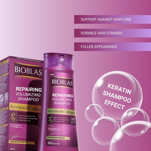 Bioblas Repairing Shampoo - Plumping Anti-Hair Loss Formula with Keratin & Collagen | 360 ML