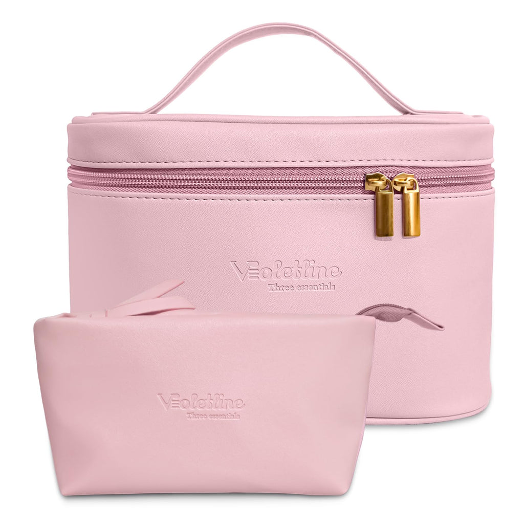 Violetline Travel Cosmetic Bag for Women, PU Leather Cosmetic Bag Set of 2, Waterproof, Large Makeup Bag with Handle (Light pink makeup bag)