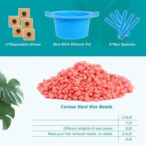 2lb Hard Wax Beads, Stripless Wax Bead for Sensitive Skin, Professional Brazilian Waxing Beads, Bikini, Body, Face, Legs, Back, Chest, Coarse Hair Removal, At-Home Salon, 1 Silicone Pot and 5 Sticks