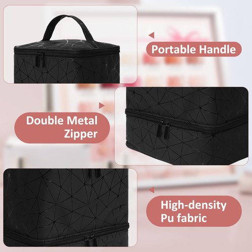 Esoes Nail Polish Organizer Case Double-Layer Nail Bag Storage PU Leather Waterproof Nail Organizer Holds 30 Bottles(15ml) and 1 Nail Lamp Large Travel Nail Supplies Shoulder Bag