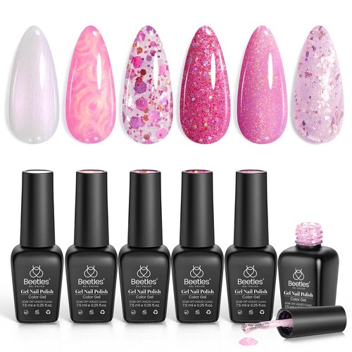 Beetles Gel Nail Polish Set – 6 Pink Shades with Shimmer & Glitter Soak Off UV LED Gel Polish Kit Long Lasting Pink Reverie Collection DIY Home Salon Manicure Gift for Women & Girls
