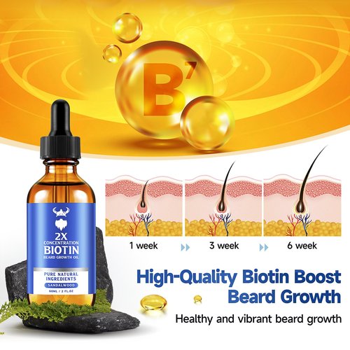 Beard Growth Oil - 2X Concentration Biotin Beard Oil for Men (2 oz) - Natural Mens Beard Oil with Argan Oil, Jojoba Oil and Vitamin, Beard Growth Softener, Moisturizer (Sandalwood)