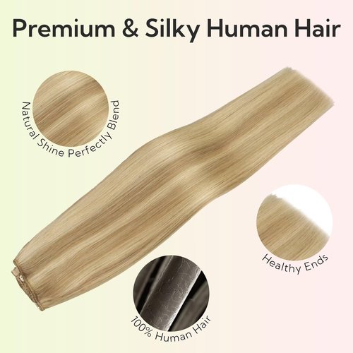 HOTBANANA Wire Hair Extensions, 14 Inch 75g Ash Tone Light Blonde Highlighted Golden Blonde, Transparent Fish Line Wire Extensions for Women