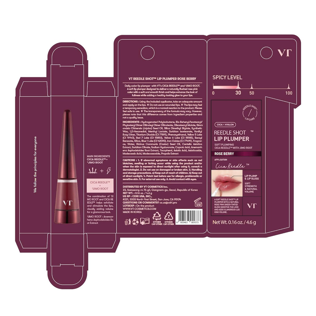 VT COSMETICS Reedle Shot Lip Plumper - Hydrating Rose Berry Lip Gloss with Jojoba Oil & Hyaluronic Acid | 0.15 oz.