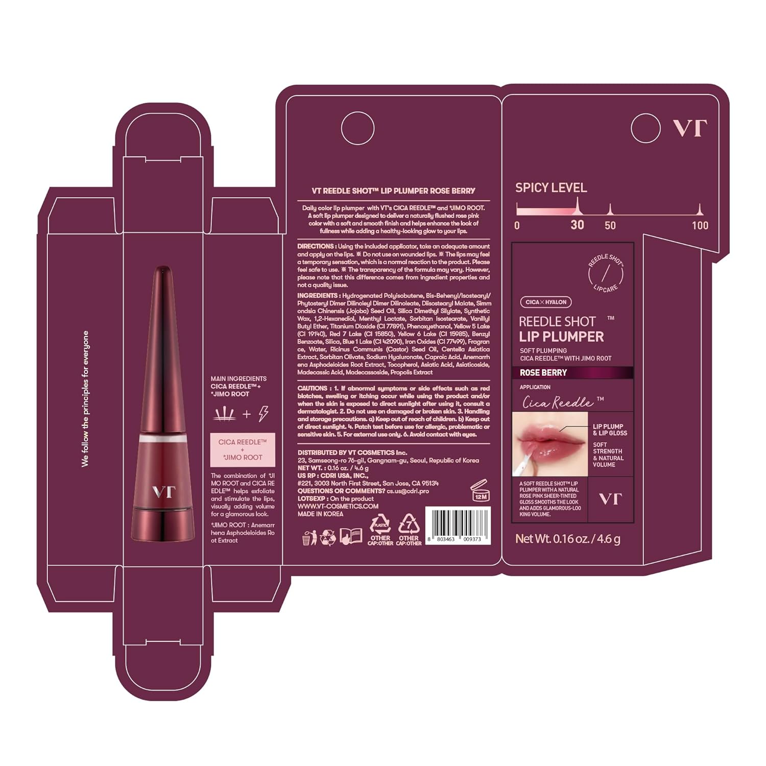 VT COSMETICS Reedle Shot Lip Plumper - Hydrating Rose Berry Lip Gloss with Jojoba Oil & Hyaluronic Acid | 0.15 oz.