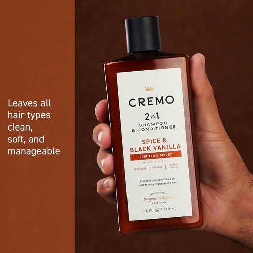 Cremo Spice & Black Vanilla 2-in-1 Shampoo & Conditioner - Barber Grade Moisturizing Formula, 16 Fl Oz