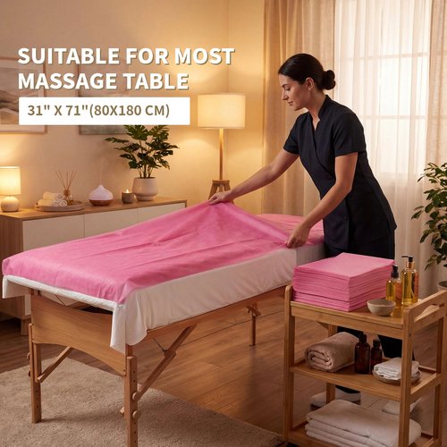 SHENKUAI Massage Table Sheets Disposable Spa Table Bed Covers -100 PCS 71"x31" Non Woven Fabric Waterproof Protector for Waxing, Tattoo, Beauty Salon,Facial, Esthetician Supply(Pink)
