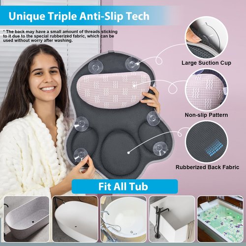 JUSDOO Bath Pillows for Tub Neck and Back Support - Upgraded Non-Slip Rubber Backing & 6 Suction Cups, 4D Air Mesh Spa Bathtub Cushion for Head Rest, Machine Washable with Laundry Bag & Hook (Gray)