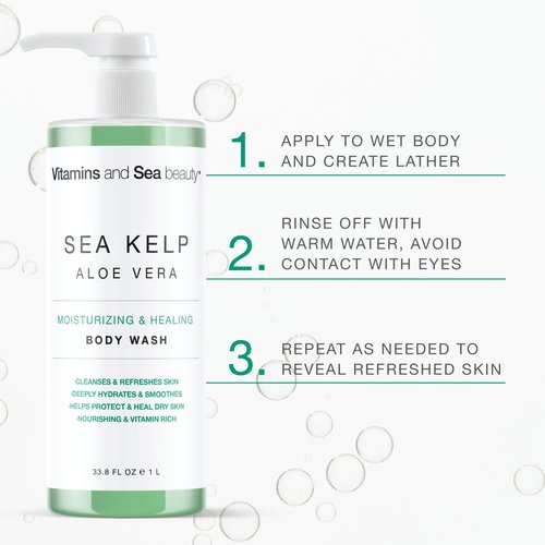 Moisturizing & Healing Body Wash with Sea Kelp & Aloe Vera – Hydrating Cleanser for Dry Skin – Vitamin-Enriched Shower Gel – 33.8 fl oz