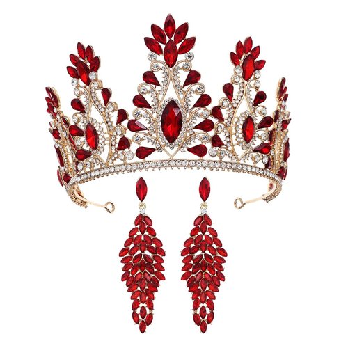 HEWEICSY Red Tiaras and Crowns for Women,Wedding Tiara for Bride,Rhinestone Queen Crown,Crystal Costume Hair Accessories for Birthday Prom