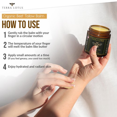 Terra Lotus - Organic Grass-Fed Beef Tallow Balm with Raw Honey - Moisturizing Cream for Soft, Smooth Skin - Handmade All-Natural Moisturizer (4oz, Unscented)