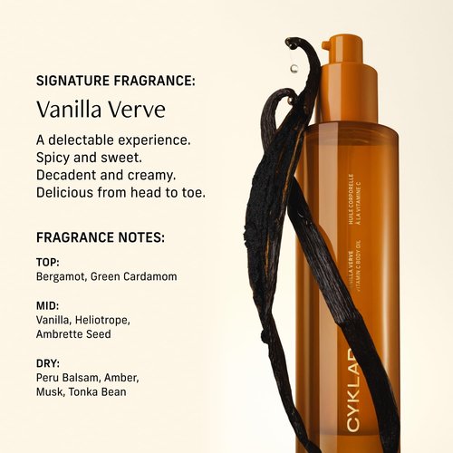 CYKLAR Vitamin C Body Oil - Moisturizing Vanilla Verve Scented Serum for Glowing Skin | 4.2 Fl Oz