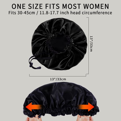 RedJoe 22 Momme 100% Mulberry Silk Bonnet Hair Wrap for Sleeping, Adjustable Silk Scrunchies Sleep Cap for Women Men Hair Care, Head Scarf Night Caps with Elastic Stay On Head, 1Pc(Black,Black)