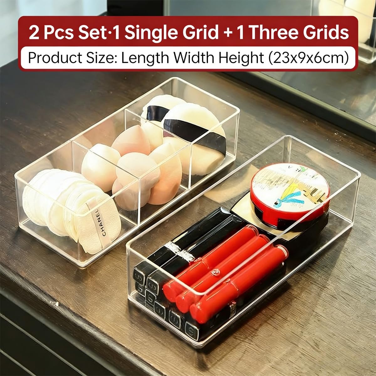 WECHENG Acrylic Makeup Organizer: Drawer Organizer for Bathroom - Stackable Cosmetic Display Cases for Vanity Countertop and Makeup Storage Containers (3-Compartment)