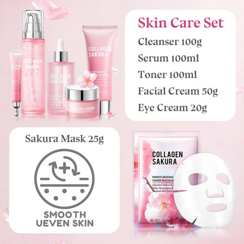 Skin Care Set-Travel Skincare Kit-Collagen Sakura Set with Mask,Eye Cream,Cleanser,Serum,Face Cream,Toner for Gift Sets for Teen Girls,Facial Skin Care Sets for Women Wife Teen Girls