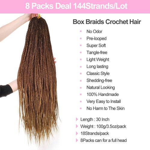 Unionbeauty 8Packs 30Inch Goddess Box Braids Crochet Hair Pre-looped Knotless Box Braids Medium Hair For Black Woman Crochet Braids Hair Synthetic Ombre Braiding Hair Extension 18Strands/Pack #53