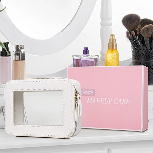 LOFOWN Clear Makeup Bag Women's Waterproof Travel Cosmetic Case and Toiletry Bag Portable Makeup Organizer Bag Car Essential with Zipper (White, M-1)