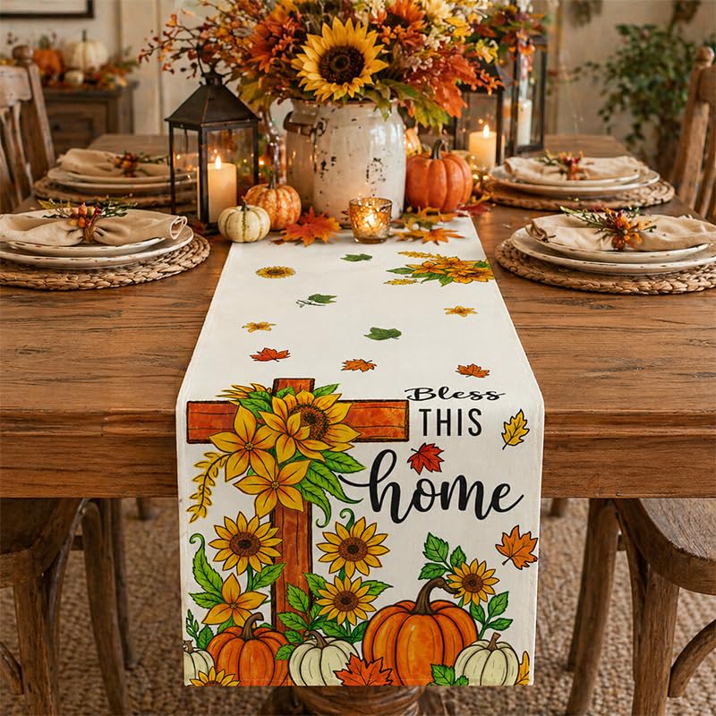 Fall Pumpkin Cross Table Runner 13x72 Inch Autumn Home Decor for Dining