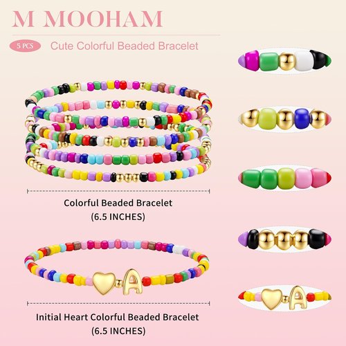 M MOOHAM Colorful Beaded Initial Bracelets - Cute Stretch Heart Letter Jewelry for Girls | 5PCS Set