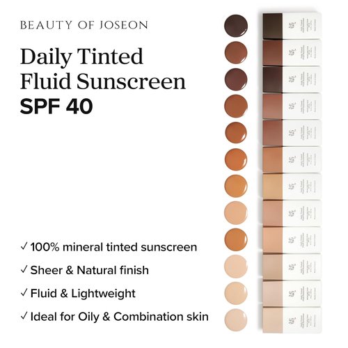 Beauty of Joseon Daily Tinted Fluid Sunscreen - Moisturizing SPF 40 for Face | 12 Shades, 50ml