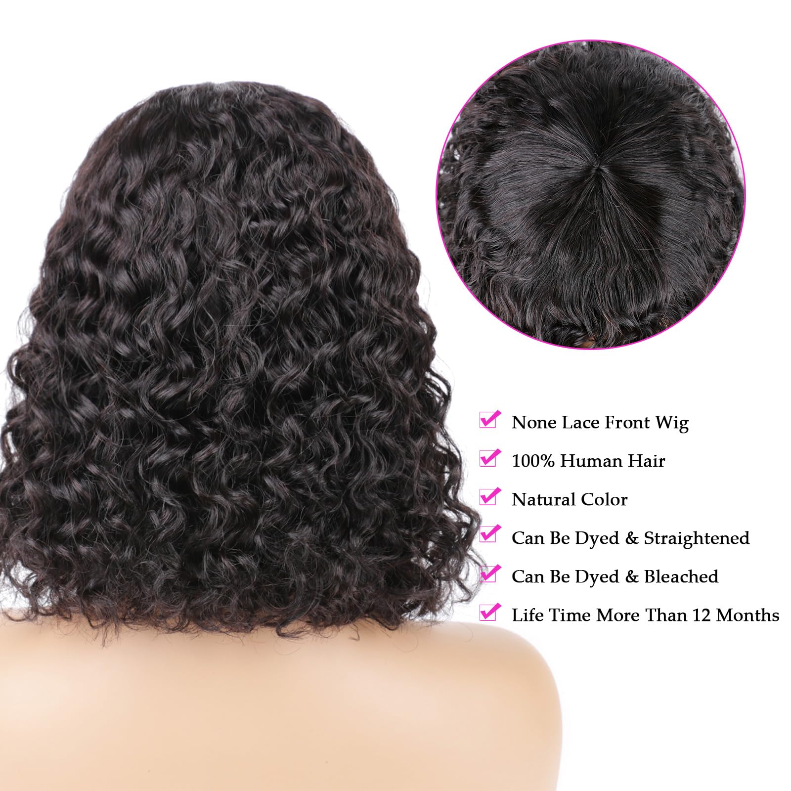 VIYAVIYA Water Bob Wig With Bangs 14inch Short Curly Wigs for Black Women None Lace 130% Density Glueless Human Hair Water Wave Brazilian Hair wigs Natural Color