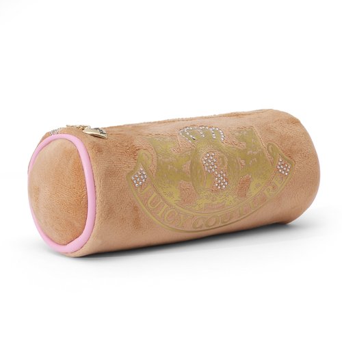 Juicy Couture Brown Makeup Bag Cosmetics Organizer Travel Essentials Cylinder Roll Gold Terroir Dog Rhinestone Crown Velour