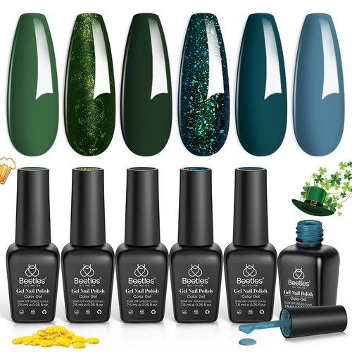 Beetles Green Gel Nail Polish Set - Boundless Forest Dark Green Gel Polish, 6 Colors Soak Off Uv LED Nail Lamp Gel Nail Kit Home DIY Manicure Nail Salon St Patrick Day