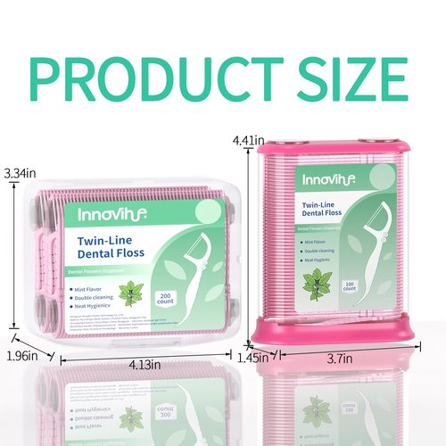 Innovihue Pink Push-Pop Dental Floss Picks Dispenser with 200-Count Refill Container, Twin-Line Mint Flossers (300 Total), Portable Oral Care for Home, Office, Travel