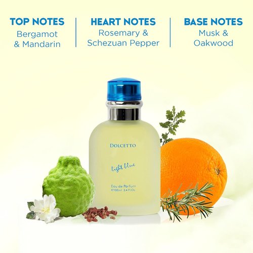 NovoGlow Dolcetto Light Blue Eau De Parfum for Men - Refreshing Woody Floral & Aquatic Fragrance | 3.4 Fl. Oz.