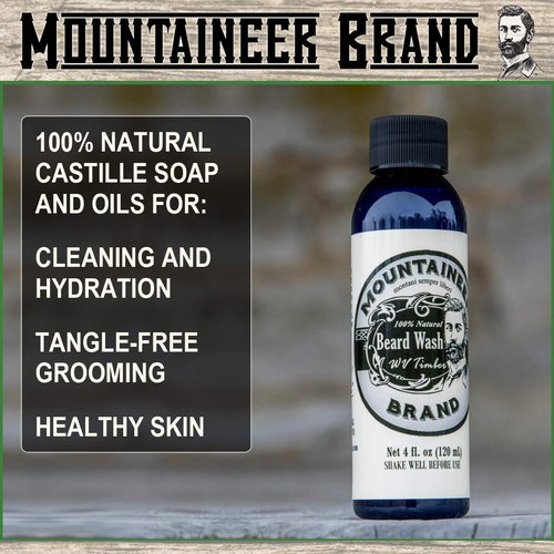 Mountaineer Brand Beard Wash for Men | 100% Natural Beard Shampoo | Thick Cleaning Softening Lather for Hair and Skin | Hydrate and Detangle | Grooming Treatment | WV Timber Scent 4oz