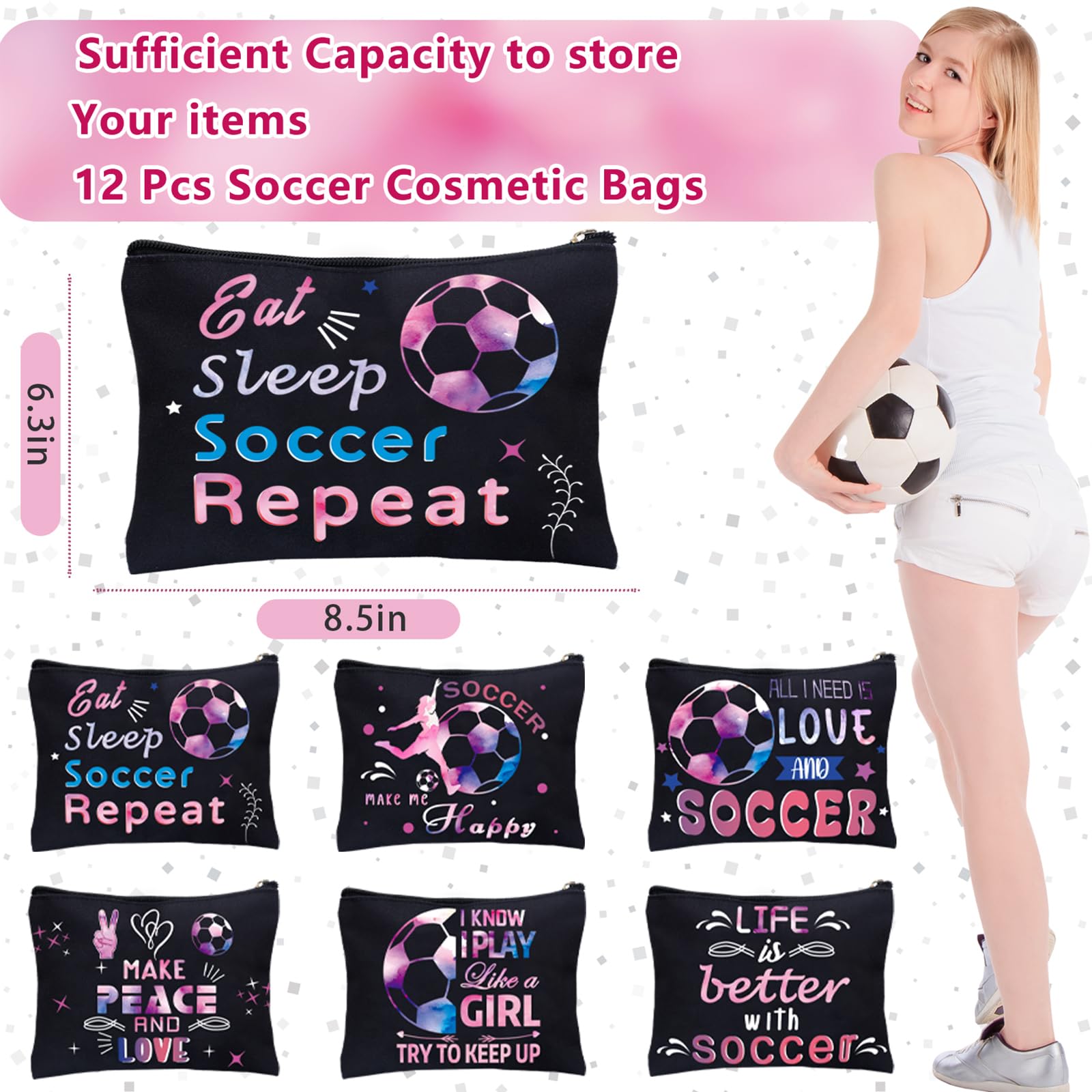 yesaior 12Pcs Makeup Bag Travel Pouch Canvas Gifts Cosmetic Bag Portable Storage Bag for Women Girls Team Party Favors (Soccer)