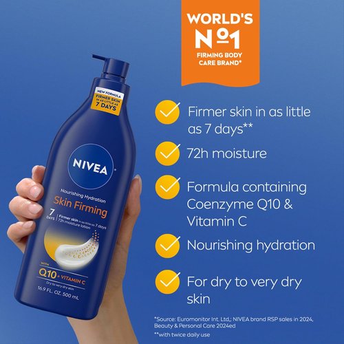 NIVEA Nourishing Hydration Body Lotion - Firming Q10 & Vitamin C, 72-Hour Moisturizer, 16.9 Fl Oz